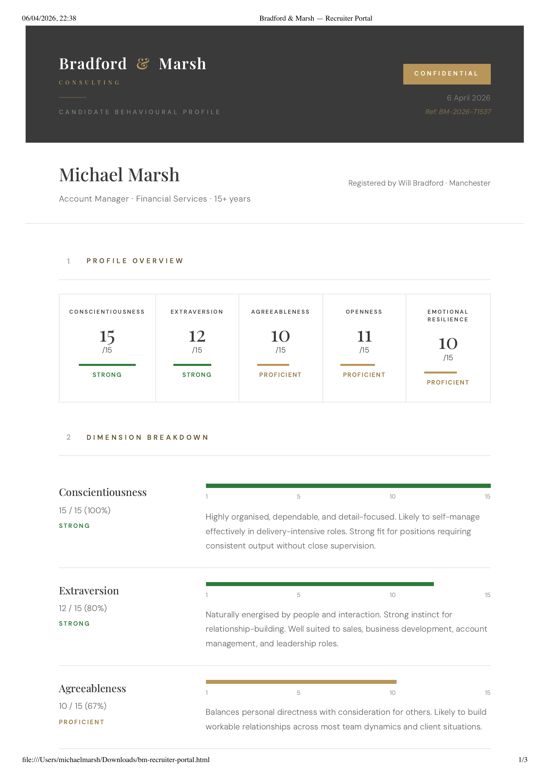 Candidate behavioural profile report